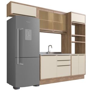 Cozinha Modulada Compacta, 4 Peças 100% MDF, Édez Uno, Off White e Louro Freijó