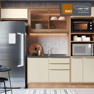 Cozinha Modulada Compacta, 4 Peças 100% MDF, Édez Uno, Off White e Louro Freijó
