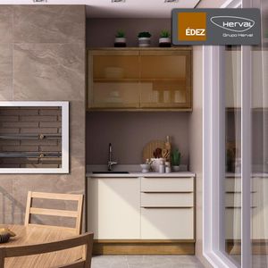 Cozinha Modulada Compacta, 2 Peças 100% MDF com Vidro, Édez Uno, Grafite e Louro Freijó