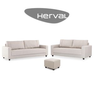 Conjunto Sofás 3 e 3,5 Lugares e Puff Herval Clean, Linho Bege