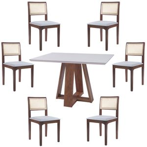 Conjunto Mesa Shell com Tampo de Vidro 160x90 cm e 6 Cadeiras Nivea Amêndoa G55 - Gran Belo