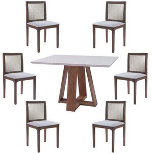 Conjunto Mesa Shell com Tampo de Vidro 160x90 cm e 6 Cadeiras Steve Amêndoa G55 - Gran Belo