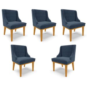 Kit 5 Cadeiras Decorativas Sala de Jantar Base Fixa de Madeira Firenze Suede Azul Marinho/Castanho G19 - Gran Belo
