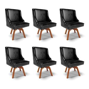 Kit 6 Cadeiras Decorativas Sala de Jantar Base Giratória de Madeira Firenze PU Preto Brilho/Natural G19 - Gran Belo