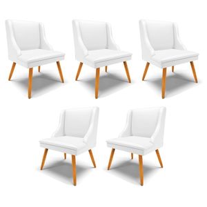 Kit 5 Cadeiras Decorativas Sala de Jantar Pés Palito de Madeira Firenze PU Branco Fosco/Natural G19 - Gran Belo