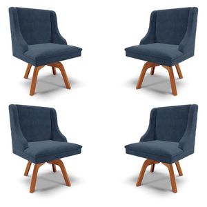 Kit 4 Cadeiras Decorativas Sala de Jantar Base Giratória de Madeira Firenze Suede Azul Marinho/Natural G19 - Gran Belo