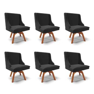 Kit 6 Cadeiras Decorativas Sala de Jantar Base Giratória de Madeira Firenze Veludo Preto/Natural G19 - Gran Belo