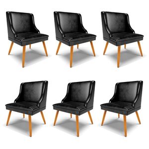 Kit 6 Cadeiras Decorativas Sala de Jantar Pés Palito de Madeira Firenze PU Preto Brilho/Natural G19 - Gran Belo