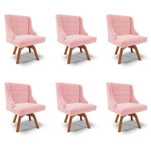 Kit 6 Cadeiras Decorativas Sala de Jantar Base Giratória de Madeira Firenze Suede Rosa Bebê/Natural G19 - Gran Belo
