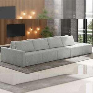 Sofá Ilha Modulado Milos 432cm Puff Lateral Bouclê Cinza G33 - Gran Belo