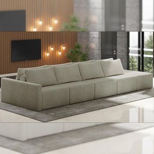 Sofá Ilha Modulado Milos 392cm Puff Lateral Bouclê Bege Escuro G33 - Gran Belo