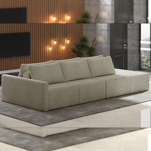 Sofá Ilha Modulado Milos 342cm Puff Lateral Bouclê Bege Escuro G33 - Gran Belo
