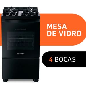 Fogão Brastemp 4 Bocas Preto com mesa de vidro e dupla chama  - BFO4XAE