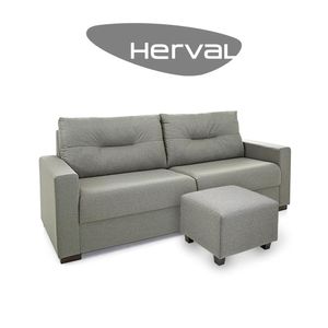 Sofá 3 Lugares e Puff Herval Marine, Linho Chumbo