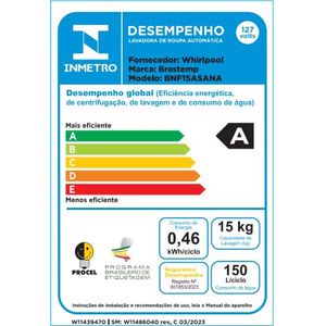 Máquina de Lavar Brastemp 15kg Titanium com Dispenser Auto Dosagem e Função Mais Roupas - BNF15AS